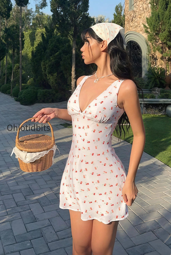 Romantic Pastoral Floral Print V Neck Mini Dress