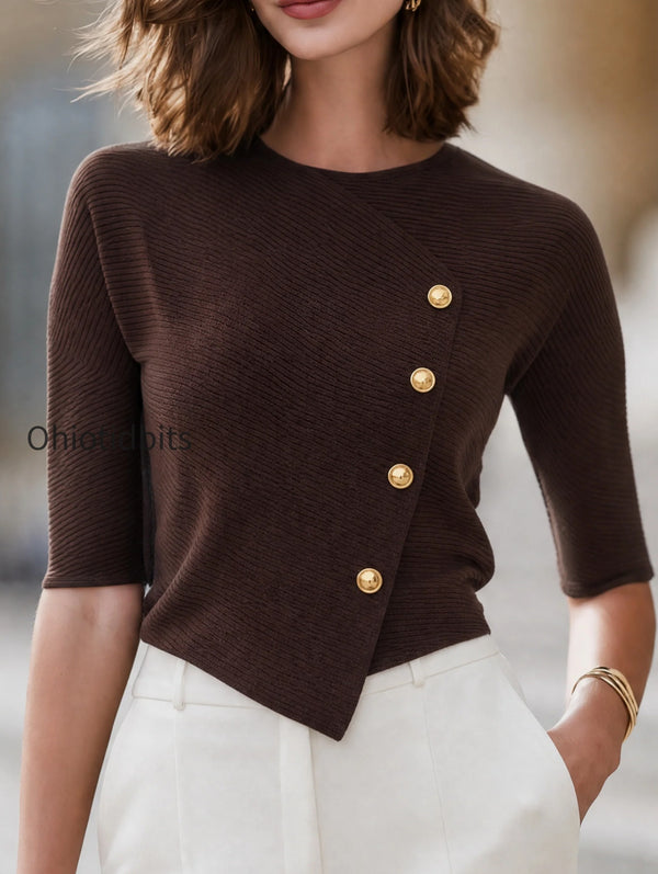 Asymmetric Button-Accent Ribbed Knit Top